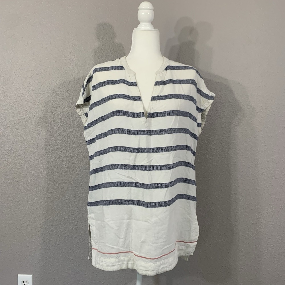 Athleta Women's White Striped Linen Blend V-Neck Oversized Tunic Swim Coverup XS